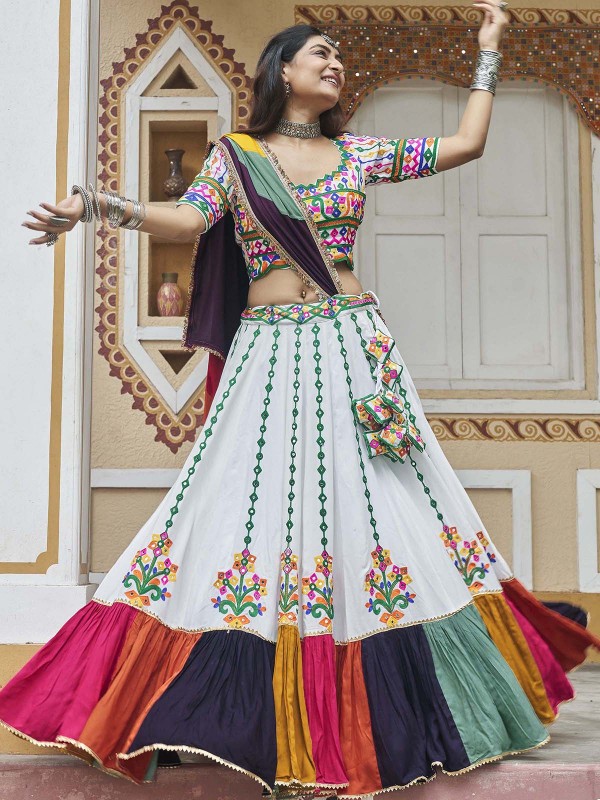 White Viscose Rayon Readymade Navratri Lehenga Choli